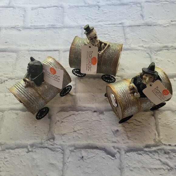 Transpac Resin 5in Silver Halloween Light Up Musical Barrel Figurine Set of 3 - Picture 1 of 15